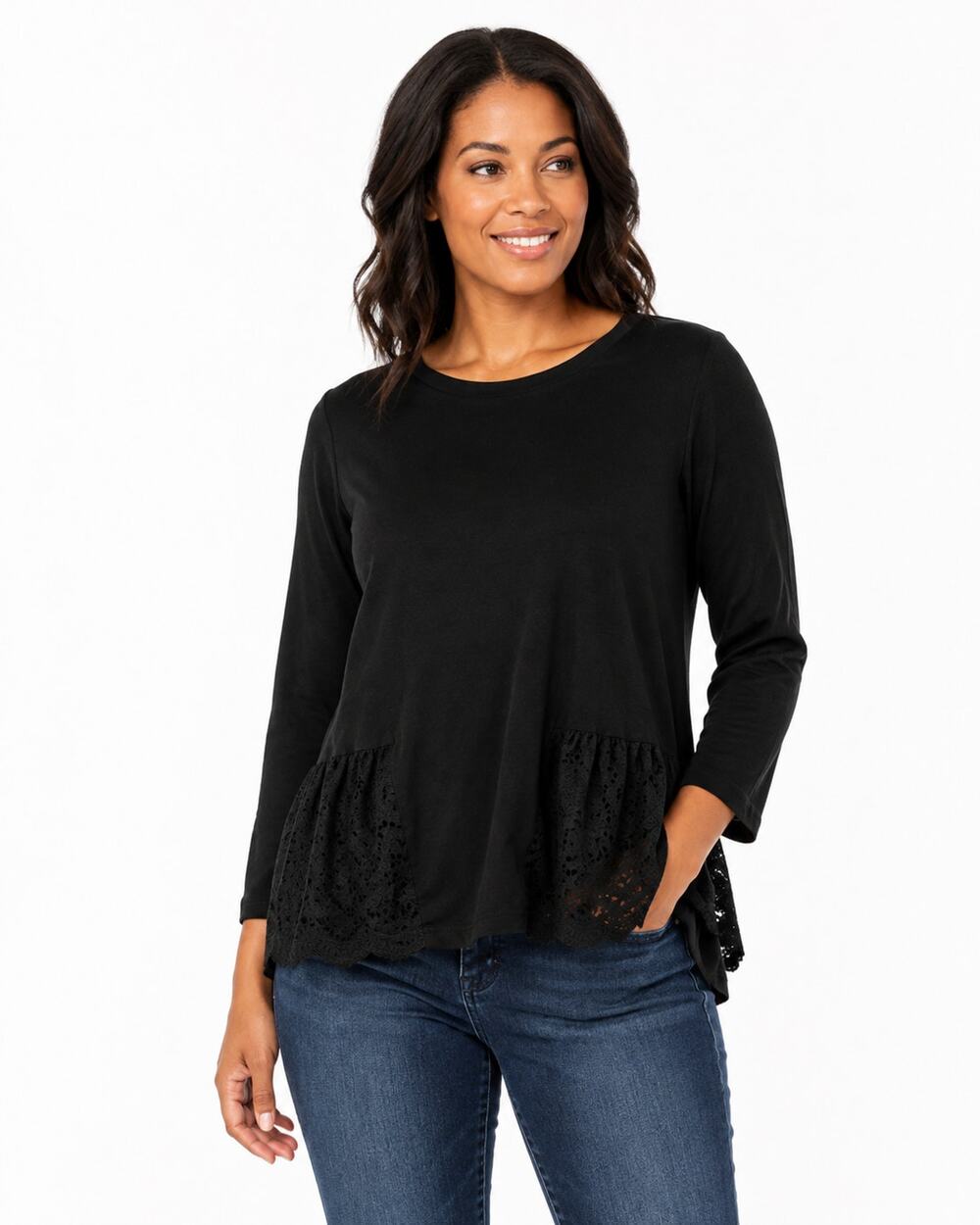 LOGO Lori Goldstein Black Crochet Lace Hem Top 3/4 Sleeve Women’s Medium NWOT